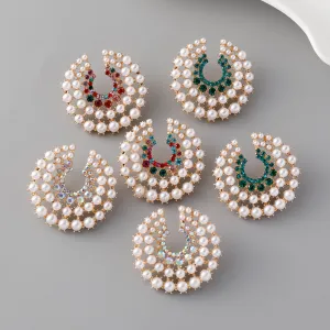 Women Fashion Geometric Round Pearl Alloy Diamond Earrings