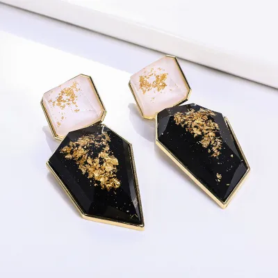 Women Fashion Retro Irregular Rectangular Geometric Gold Foil Resin Drop Earrings