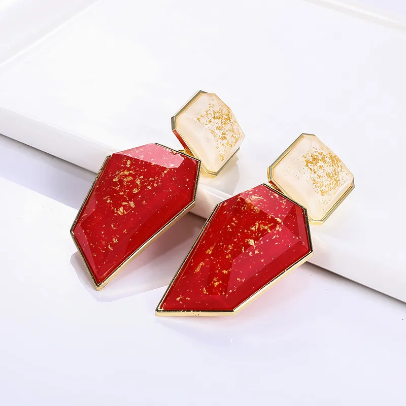 Women Fashion Retro Irregular Rectangular Geometric Gold Foil Resin Drop Earrings