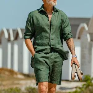 Men's Casual Linen Solid Color Long Sleeve Lapel Shirt and Shorts Sets