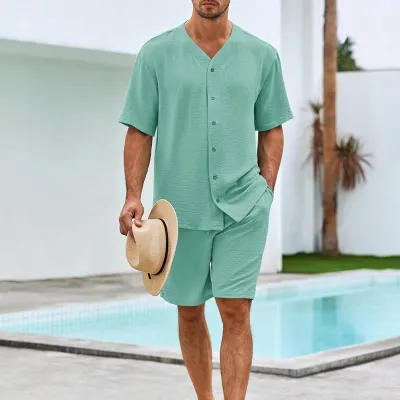 Men's Casual Solid Color Short Sleeve V Neck Shirt and Shorts Sets Urban Style