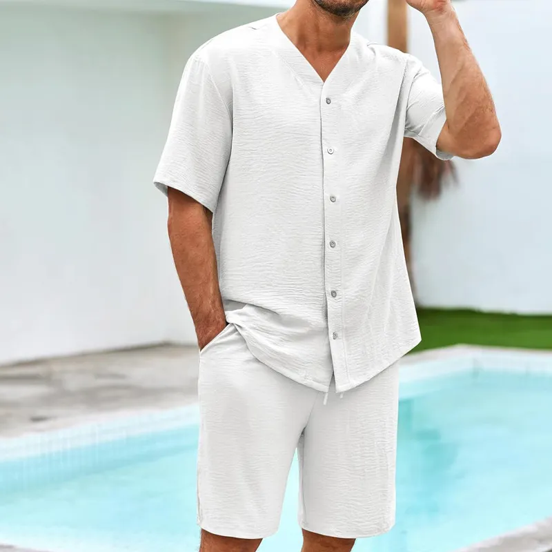 Men's Casual Solid Color Short Sleeve V Neck Shirt and Shorts Sets Urban Style