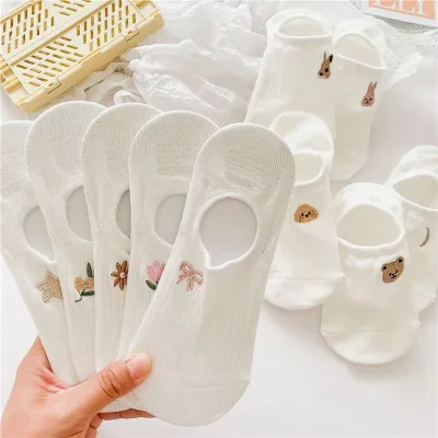 Women Fashion Cute Floral Bow Rabbit Embroidered Silicone Non-Slip Socks
