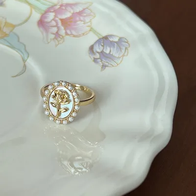 Women Retro Mother-Of-Pearl Adjustable Geometric Ring