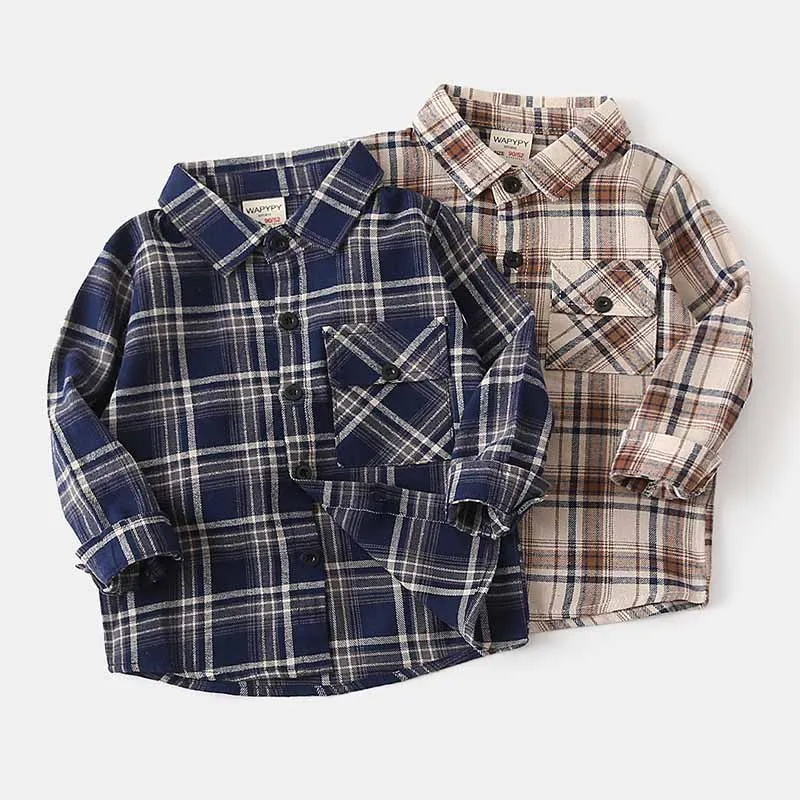Kids Toddler Boys Casual Plaid Print Long Sleeve Lapel Shirt 3-14T