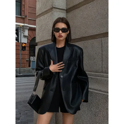 Women Fashion Loose Casual Lapel PU Coat
