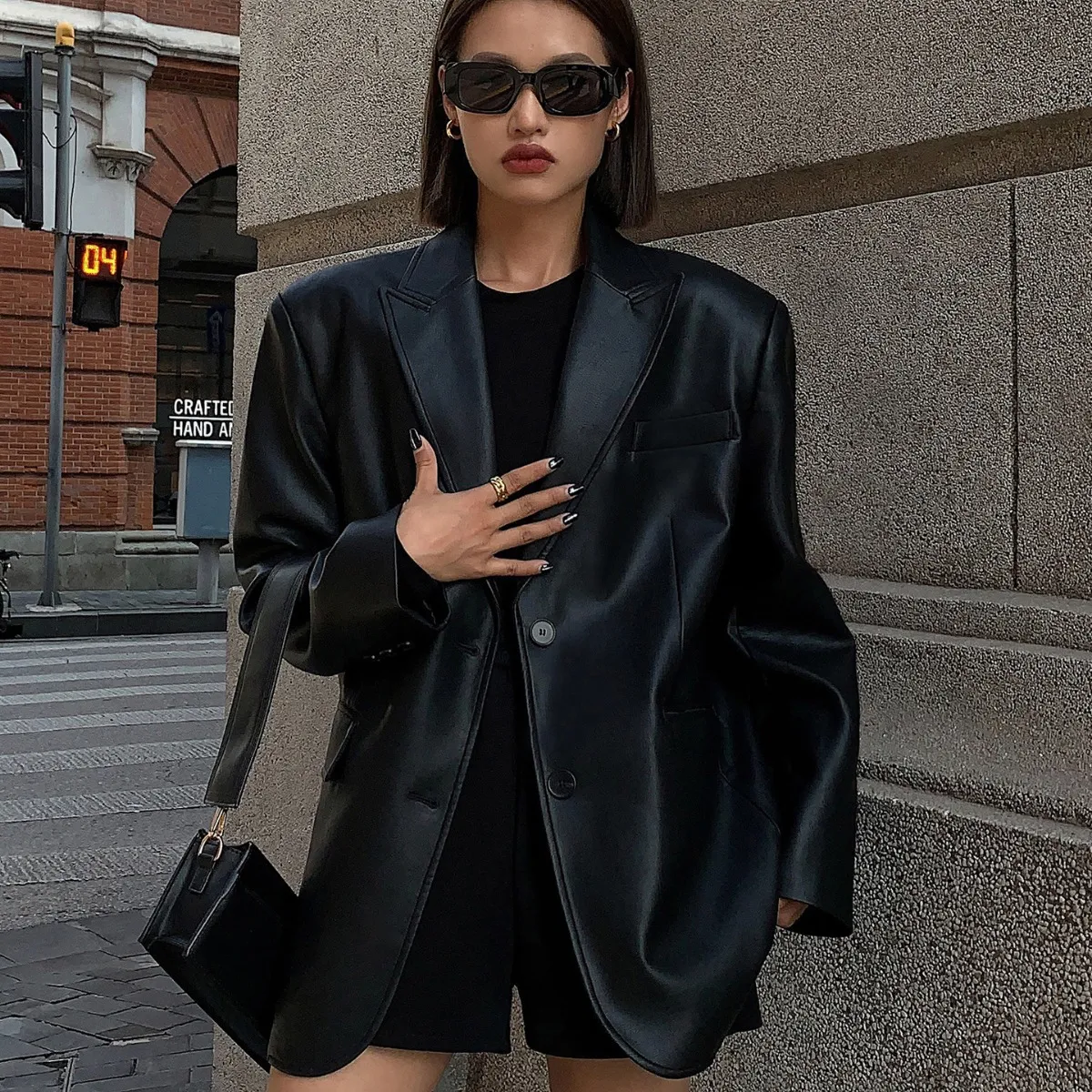 Women Fashion Loose Casual Lapel PU Coat