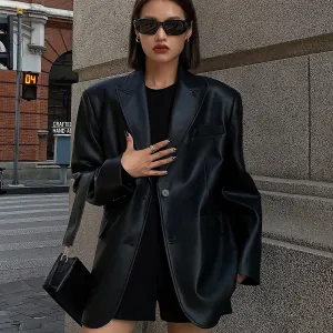 Women Fashion Loose Casual Lapel PU Coat