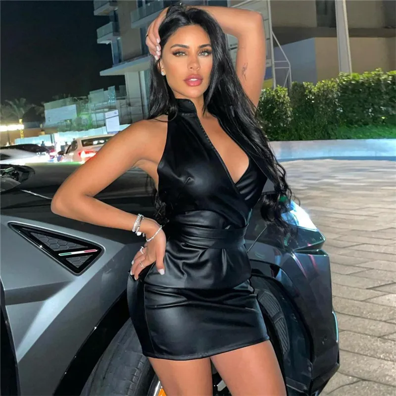 Women Fashion Sexy Deep V Backless Slim Fit PU Dress