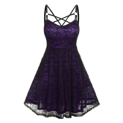 Women Gothic Mesh Skull Print Sling Dress