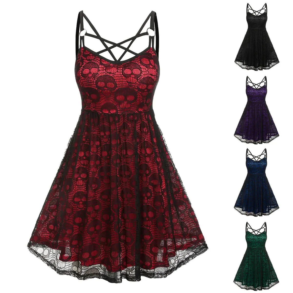 Women Gothic Mesh Skull Print Sling Dress