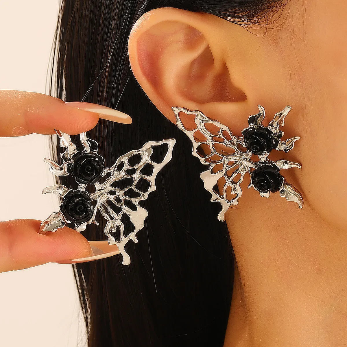 Women Diablo Gothic Hollow Butterfly Rose Earrings