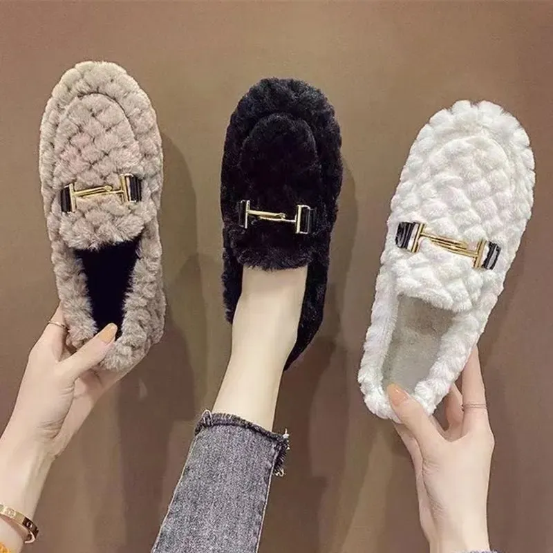 Women Fashion Solid Color Thickening Warm Plush Loafers with Flat Heel