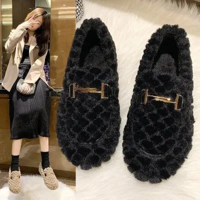 Women Fashion Solid Color Thickening Warm Plush Loafers with Flat Heel