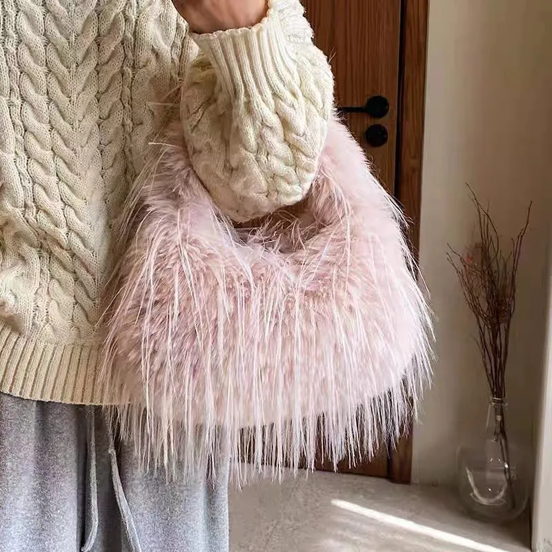 Autumn Winter Women Fashion Tassel Plush Chain Handle Shoulder Bag