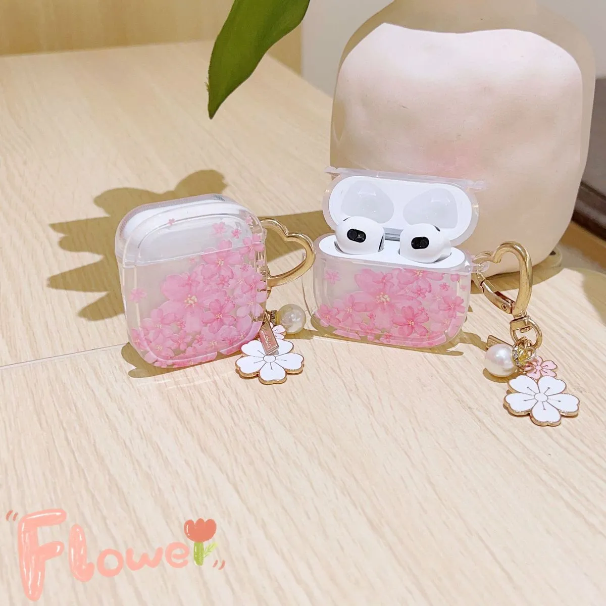 Women's Fashion Transparent Cherry Blossom TPU Soft Shell All-Inclusive Protective Case for Apple Bluetooth Headset
