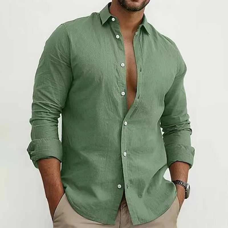 Men Fashion Casual Solid Color Plus Size Long Sleeve Lapel Cardigan Shirt