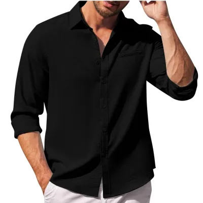 Men Fashion Casual Solid Color Plus Size Long Sleeve Lapel Cardigan Shirt with Pocket Decoration