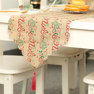 Linen Printed Christmas Table Runner with Tassels Table Decoration
