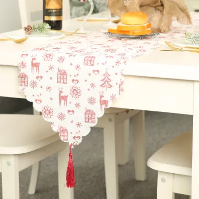 Linen Printed Christmas Table Runner with Tassels Table Decoration