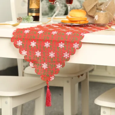 Linen Printed Christmas Table Runner with Tassels Table Decoration