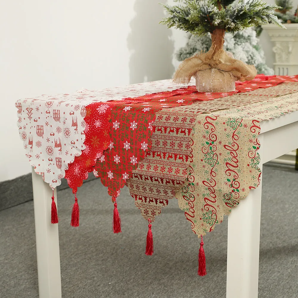 Linen Printed Christmas Table Runner with Tassels Table Decoration