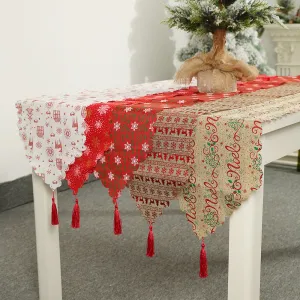 Linen Printed Christmas Table Runner with Tassels Table Decoration