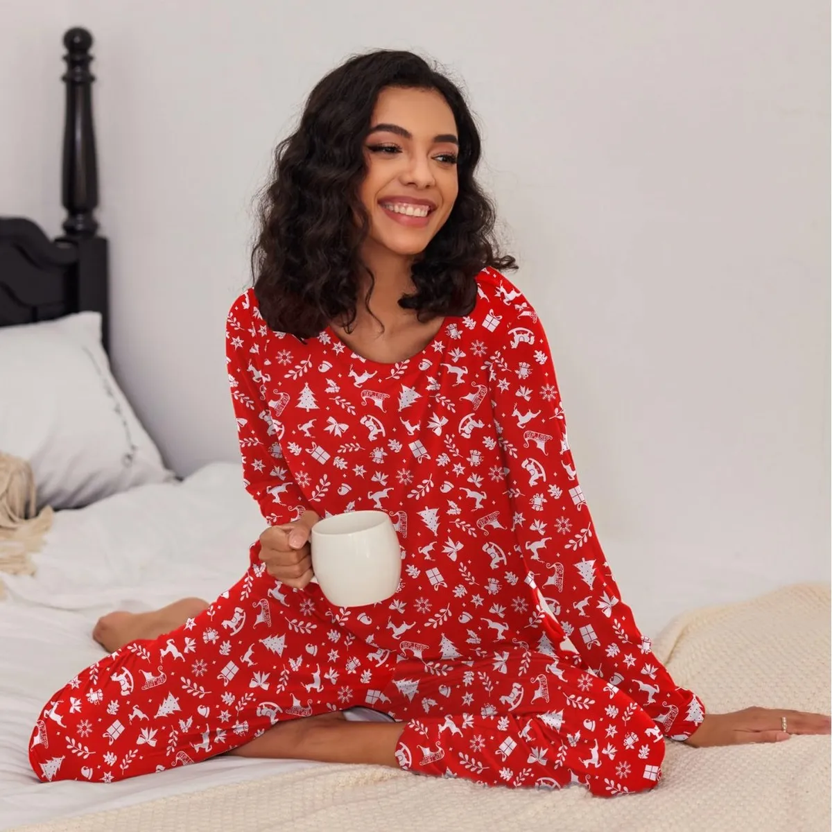 Women Red Christmas Tree Reindeer Printed Comfy Long Sleeve Pajama Set