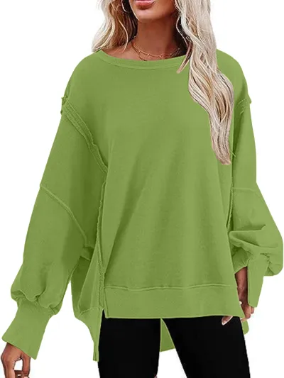 Autumn Women Casual Loose Solid Color Round Neck Long Sleeve Pullover Sweatshirt