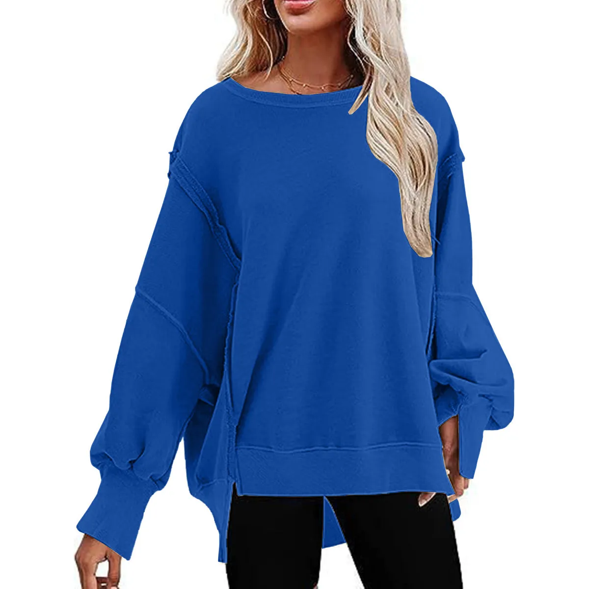 Autumn Women Casual Loose Solid Color Round Neck Long Sleeve Pullover Sweatshirt