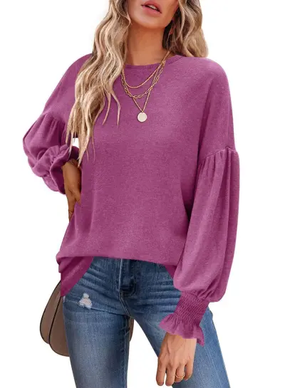 Women Casual Solid Color Round Neck Puff Sleeve Modal Sweatshirt