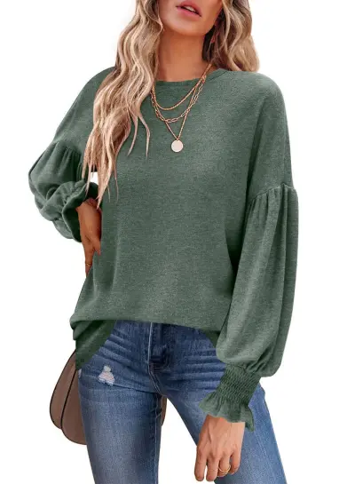 Women Casual Solid Color Round Neck Puff Sleeve Modal Sweatshirt