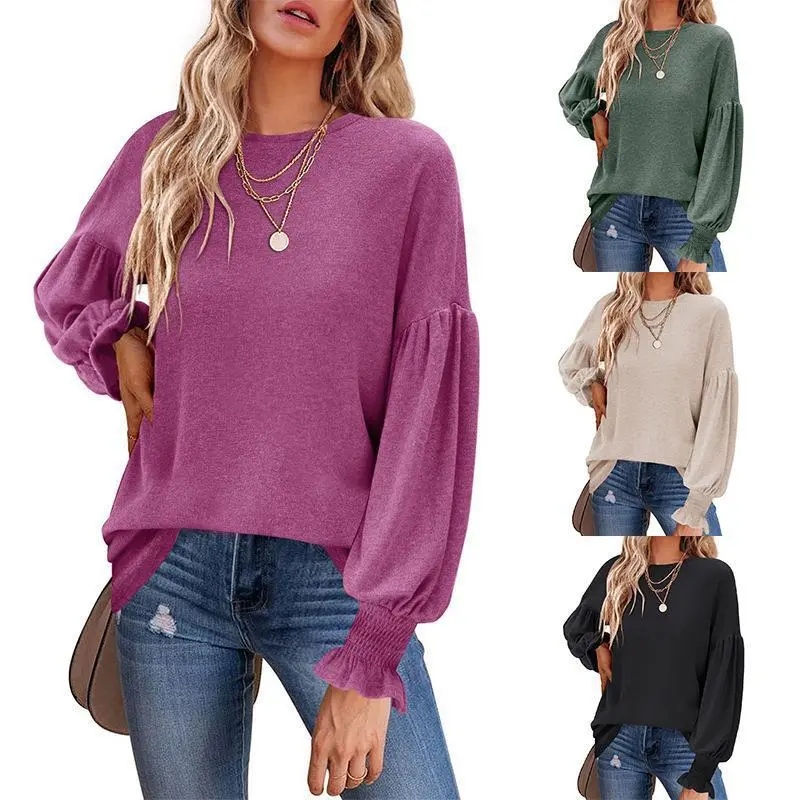 Women Casual Solid Color Round Neck Puff Sleeve Modal Sweatshirt