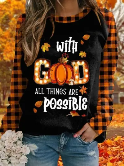 Women Casual Skull Maple Letters Print Crewneck Long Sleeve Sweatshirt