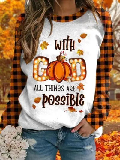 Women Casual Skull Maple Letters Print Crewneck Long Sleeve Sweatshirt