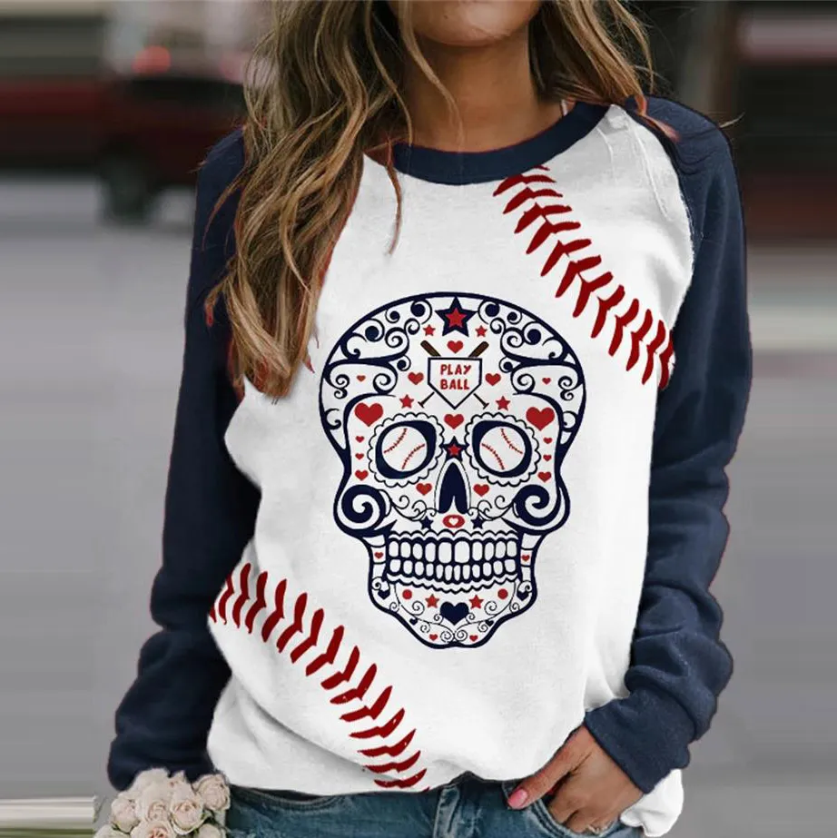 Women Casual Skull Maple Letters Print Crewneck Long Sleeve Sweatshirt