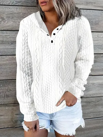 Women Fashion Casual V-Neck Drawstring Long Sleeve Knitted Jacquard Sweatshirt