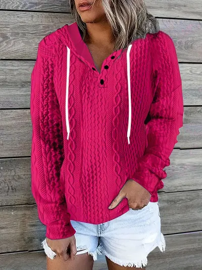 Women Fashion Casual V-Neck Drawstring Long Sleeve Knitted Jacquard Sweatshirt