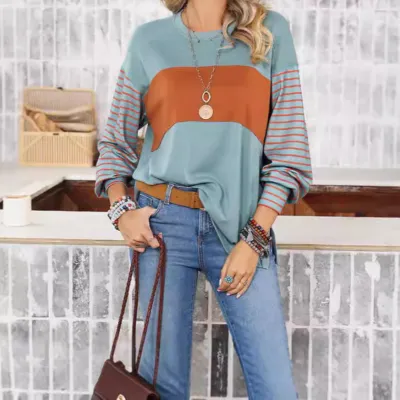 Women Casual Stripe Print Crewneck Long Sleeve Pullover Sweatshirt