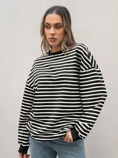 Autumn Winter Women Simple Stripe Print Round Neck Long Sleeve Pullover Sweatshirt