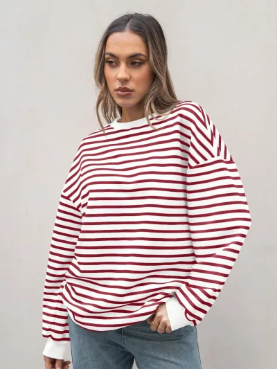 Autumn Winter Women Simple Stripe Print Round Neck Long Sleeve Pullover Sweatshirt