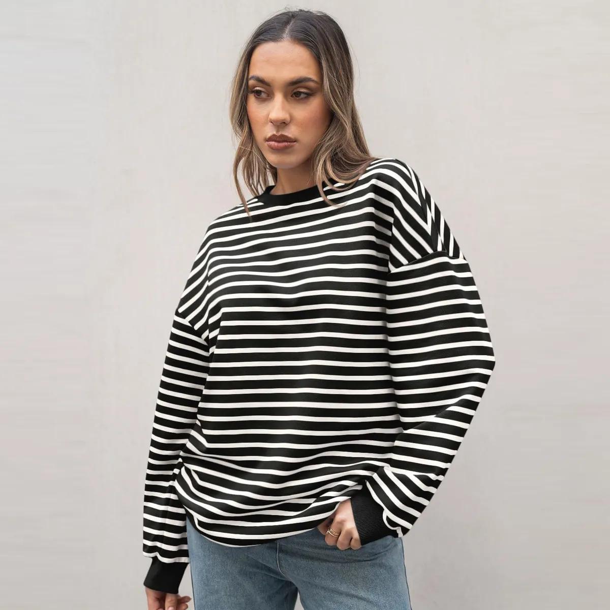 Autumn Winter Women Simple Stripe Print Round Neck Long Sleeve Pullover Sweatshirt