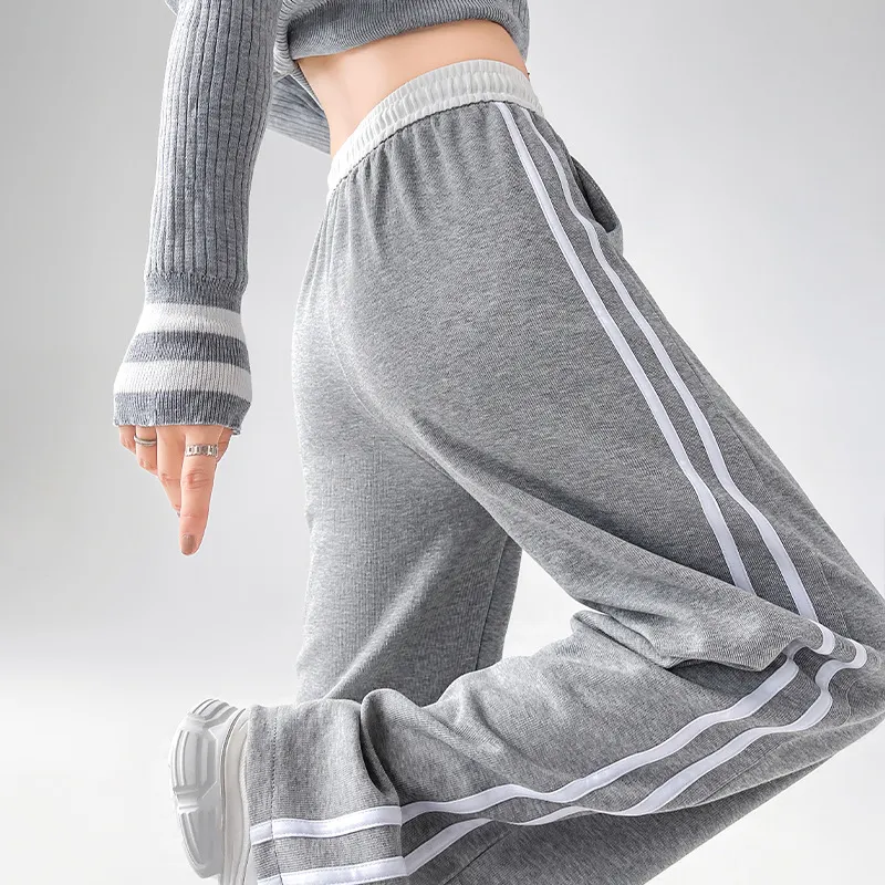 Women Casual Stripe Stitching High Waist Drawstring Sports Pants