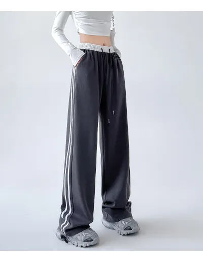 Women Casual Stripe Stitching High Waist Drawstring Sports Pants