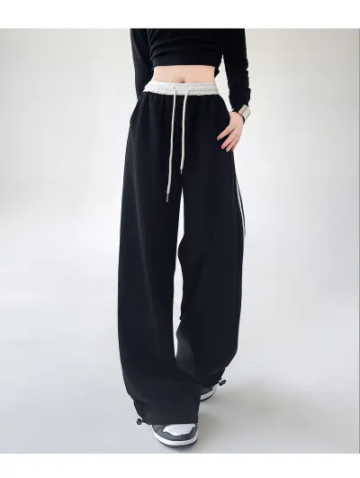 Women Casual Stripe Stitching High Waist Drawstring Sports Pants
