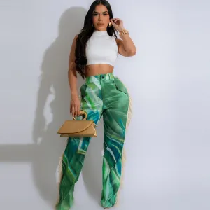 Women's Fashion Printed Side Fringe Straight Leg Pants - Ice Silk Wrinkle Material