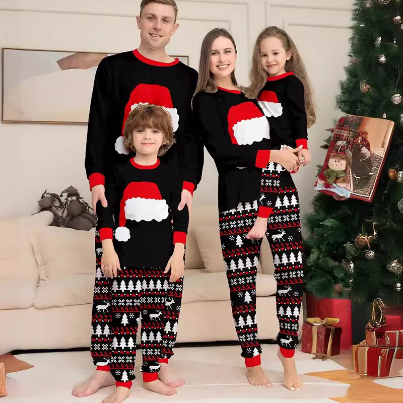 Women's Cartoon Printed Family Matching Christmas Pajamas Set with Hat