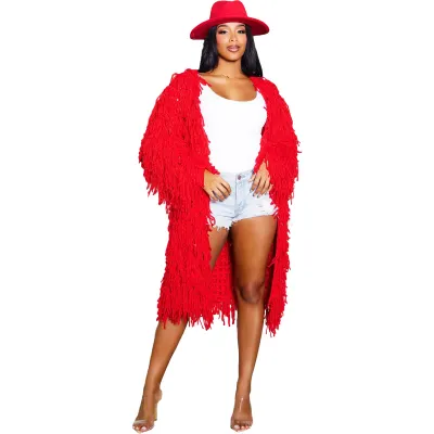 Women Fashion Knitted Hand Hook Tassel Cardigan Jacket