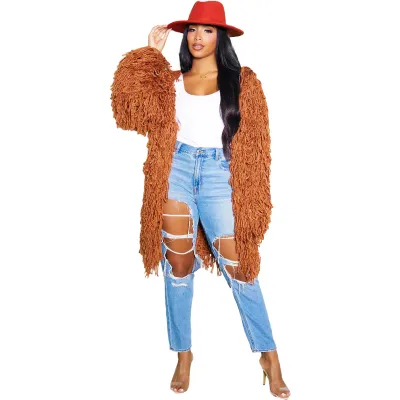 Women Fashion Knitted Hand Hook Tassel Cardigan Jacket