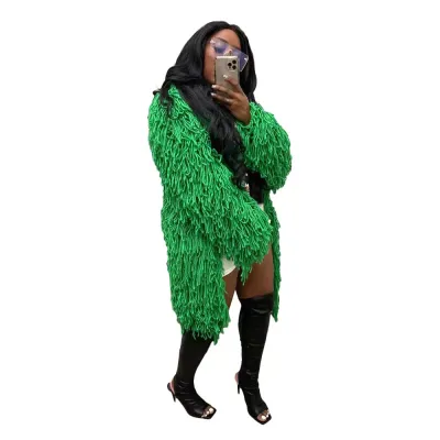 Women Fashion Knitted Hand Hook Tassel Cardigan Jacket